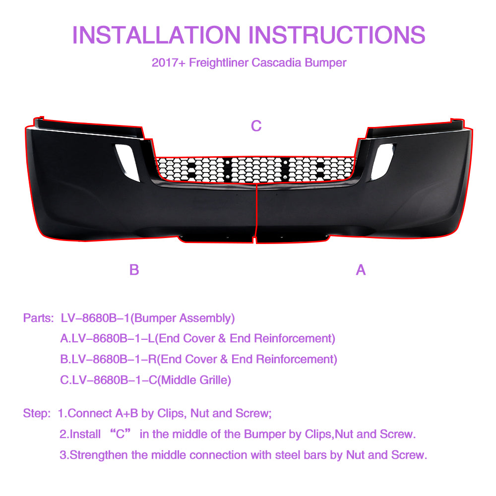 Bumper Assembly Without Fog Light Holes Compatible With Freightliner Cascadia 2018+