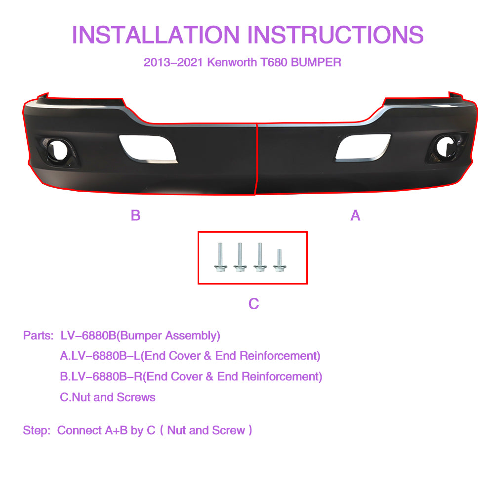 Bumper Assembly With Fog Light Holes Compatible With Kenworth T680 2013-2021