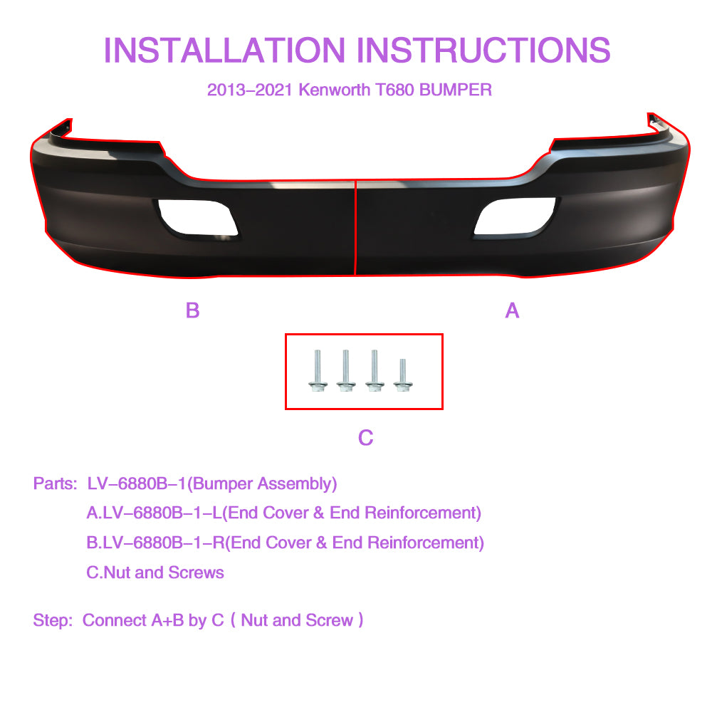 Bumper Assembly Without Fog Light Holes Compatible With Kenworth T680 2013-2021