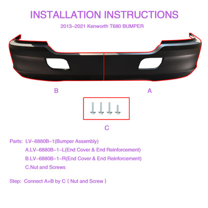 Bumper Assembly Without Fog Light Holes Compatible With Kenworth T680 2013-2021