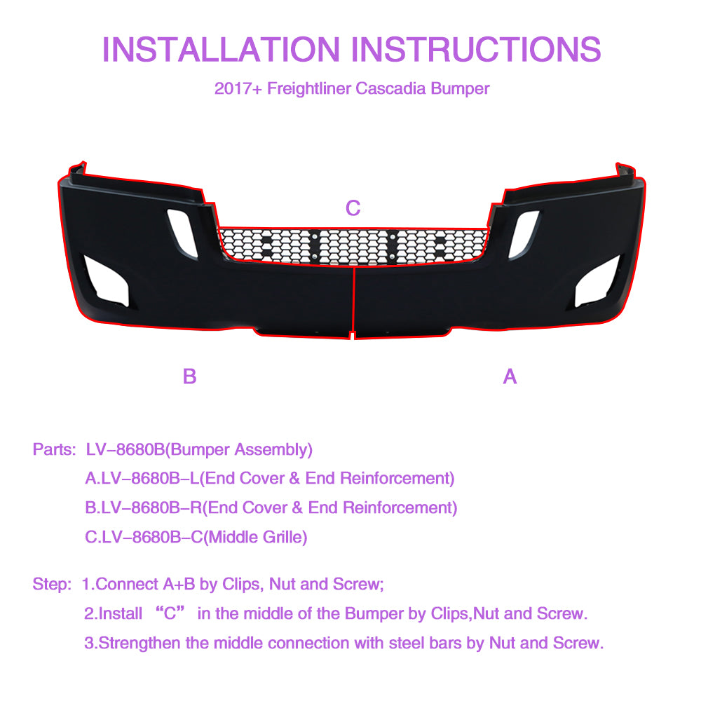 Bumper Assembly With Fog Light Holes Compatible With Freightliner Cascadia 2018+