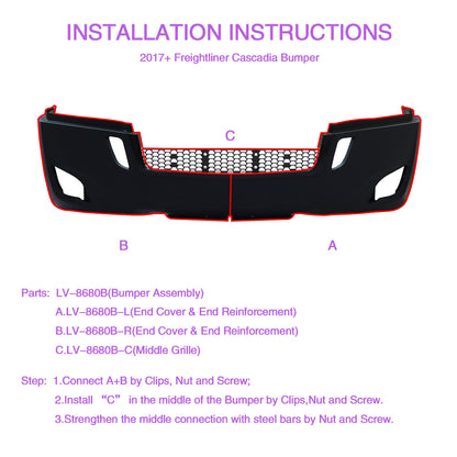 Bumper Assembly With Fog Light Holes Compatible With Freightliner Cascadia 2018+
